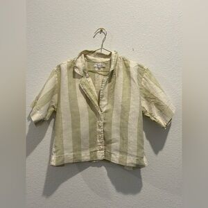 Madewell Linen Olive beige Striped resort crop top button up Blouse shirt